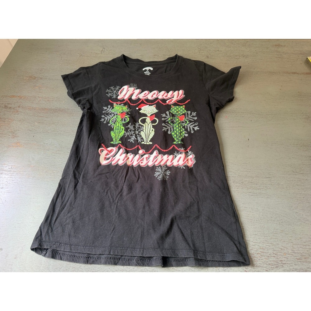 Holiday Time Womens Meowy Christmas Cat Graphic T-Shirt Black Size M 8-10